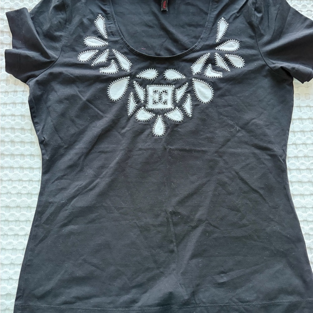 Escada Black Tee with White Embellishments